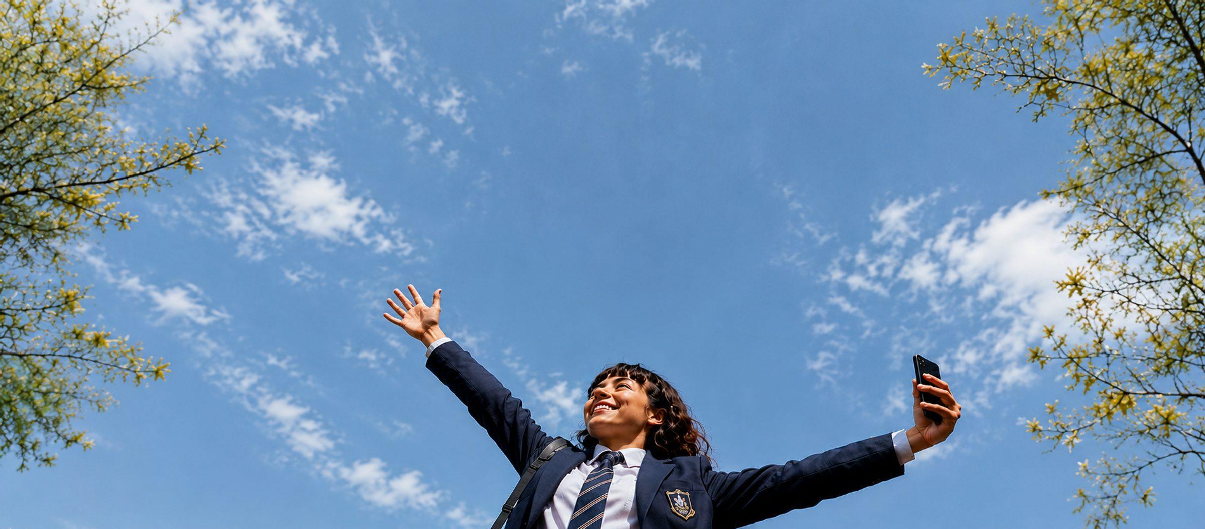 Student celebrating outdoors after choosing their school
